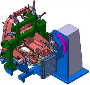 3D-CAD-Modell einer Schweiß- und Heftvorrichtung mit Spannelementen, Positionierelementen und Drehgestell für den Karrosserie und Metallbau