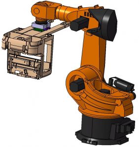3D-CAD-Modell eines Industrieroboters mit Greifer und Fahrzeug, automatisierte Handhabung in der Industrieautomation