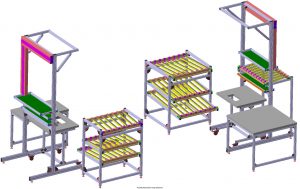 Mehrere Industrie-Arbeitstische und Regale für die zu montierenden Bauteile aus Aluminiumprofilen, Regale haben Zuführschrägen