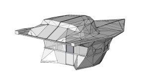 3D-CAD-Modell eines Kassenhauses in Form einer polygonisierten Motorjacht aus gekanteten und verschweißten Blechen, mittig im Rumpf befindet sich ein Band aus Glasscheiben als Ticketschalter. Die Deckssalon-Verglasung ist ebenfalls aus Sicherheitsglas, Ansicht von schräg hinten - Sonderkonstruktion für fliegende Bauten, Verkaufsstand, Blechkonstruktion