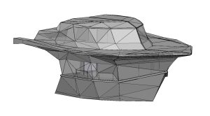 3D-CAD-Modell eines Kassenhauses in Form einer polygonisierten Motorjacht aus gekanteten und verschweißten Blechen, mittig im Rumpf befindet sich ein Band aus Glasscheiben als Ticketschalter. Die Deckssalon-Verglasung ist ebenfalls aus Sicherheitsglas, Ansicht von schräg vorne - Sonderkonstruktion für fliegende Bauten, Verkaufsstand, Blechkonstruktion