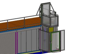 3D-CAD-Konstruktion eines demontierbaren Personenlifts als Sonderkonstruktion, Korb oben - Im Bereich fliegende Bauten, Hydraulischer Lastenaufzug
