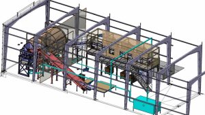 3D-CAD-Modell einer industriellen Recyclinganlage zum Verwerten von Flachbildschirmen, Zerkleinerungsanlage, Siebtrommel für Bauteile, Transportbänder und Sortierbereich, Absauganlage für schädliche Dämpfe, Layout intergiert in Stahlhalle - Layoutplanung einer Recyclinganlage