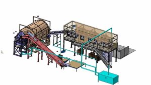 3D-CAD-Modell einer industriellen Recyclinganlage zum Verwerten von Flachbildschirmen, Zerkleinerungsanlage, Siebtrommel für Bauteile, Transportbänder und Sortierbereich, Absauganlage für schädliche Dämpfe - Layoutplanung einer Recyclinganlage
