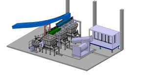 3D-CAD-Modell Hallenbereich der Zerkleinerung in einer industriellen Recyclinganlage, drei Schneidmühlen werden von Förderbändern beschickt - Layoutplanung, Durchsatzsteigerung, Hallenplanung im Recyclingbetrieb