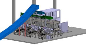 3D-CAD-Modell Hallenbereich der Zerkleinerung in einer industriellen Recyclinganlage, drei Schneidmühlen werden von Förderbändern beschickt - Layoutplanung, Durchsatzsteigerung, Hallenplanung im Recyclingbetrieb