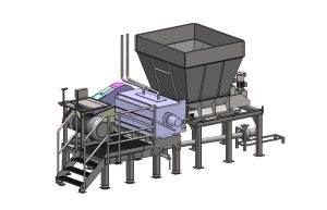 3D-CAD-Modell einer Schneidmühlenanlage für den Recyclingprozess auf einem erhöhtem Untergestell mit Arbeitspodest auf dem der Elektromotor zum Antrieb steht, das Podest besitzt eine Treppe mit Geländern - Sondermaschine für die Recyclingindustrie, Sicherheit bei der Wartung