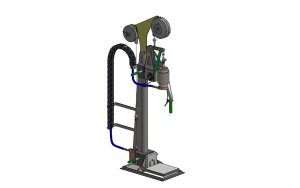 3D-CAD-Modell einer handbetriebenen, senkrechten Klemmvorrichtung mit Tisch und Druckkopf, beides höhenverstellbar, für den Punktschweißprozess, Schweißmasse wird über den Druckkopf übertragen - industrielle Sondermaschine für Fertigungsautomation, Maschinenbau, Ansicht von links